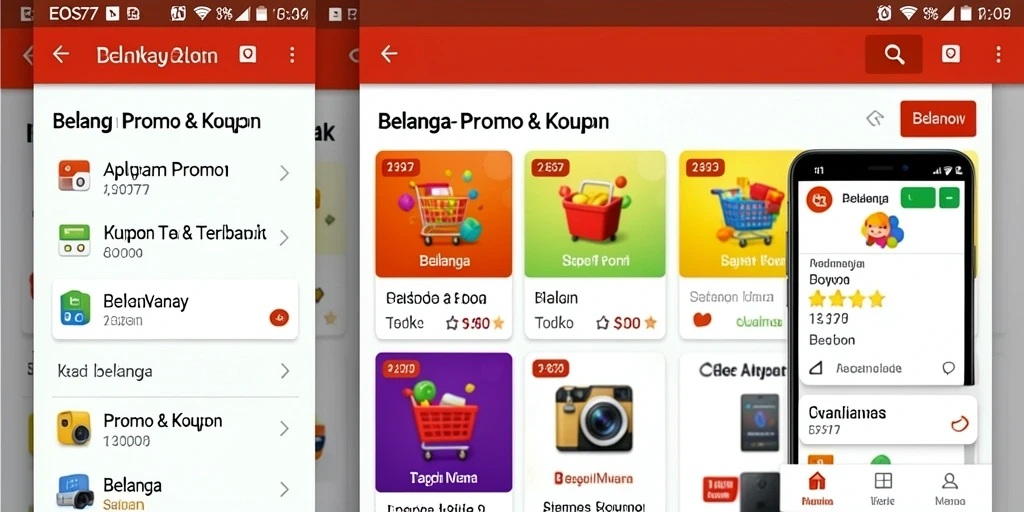 Antarmuka aplikasi EOS77 yang menampilkan berbagai promo menarik.