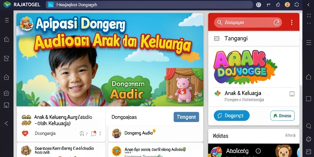 Antarmuka pengguna aplikasi Dongeng Audio RAJATOGEL yang menarik dan ramah anak.