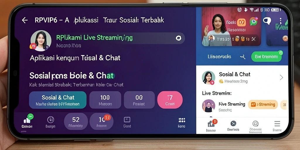 Screenshot aplikasi RPVIP6 menampilkan antarmuka saat live streaming dan interaksi chat.